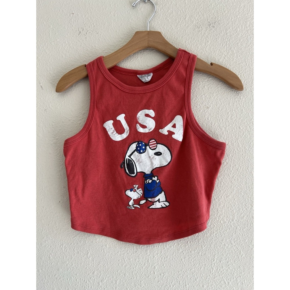 Peanuts Snoopy USA Patriotic Crop Tank Top Size L Juniors Graphic Cute
